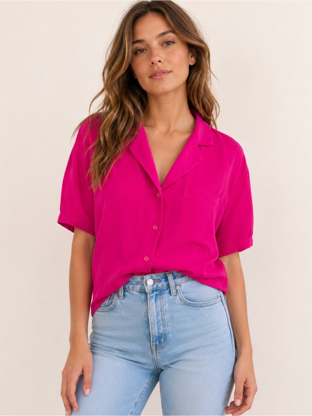 Vintage Jordan 100% Silk Fuchsia Pink Camp Collar Blouse Women’s Size 9/10 (S–M)